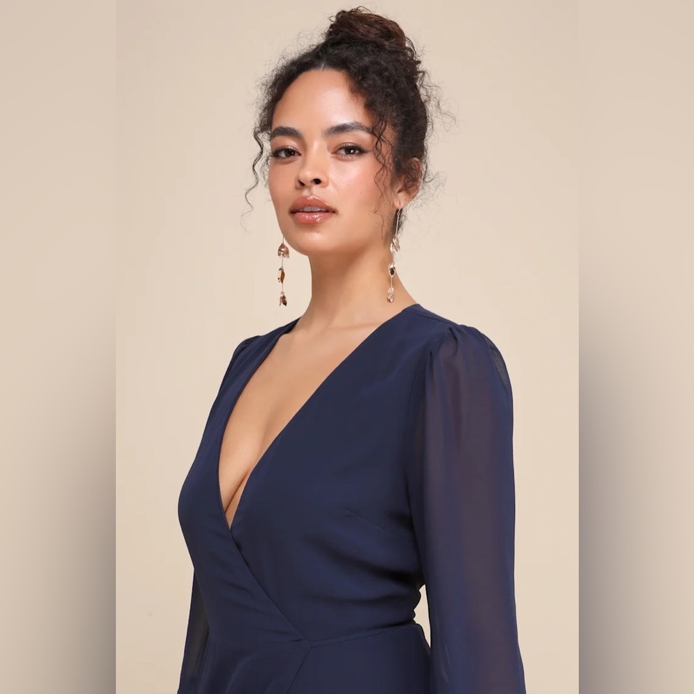 New Lulus My Whole Heart Dark Navy Blue Long Sleeve Wrap Dress Size XL - Picture 3 of 4